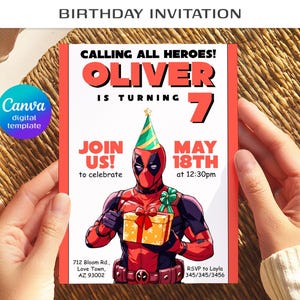Editable Deadpool and Wolverine birthday invitation, Dead Pool superheroes party, printable invitation