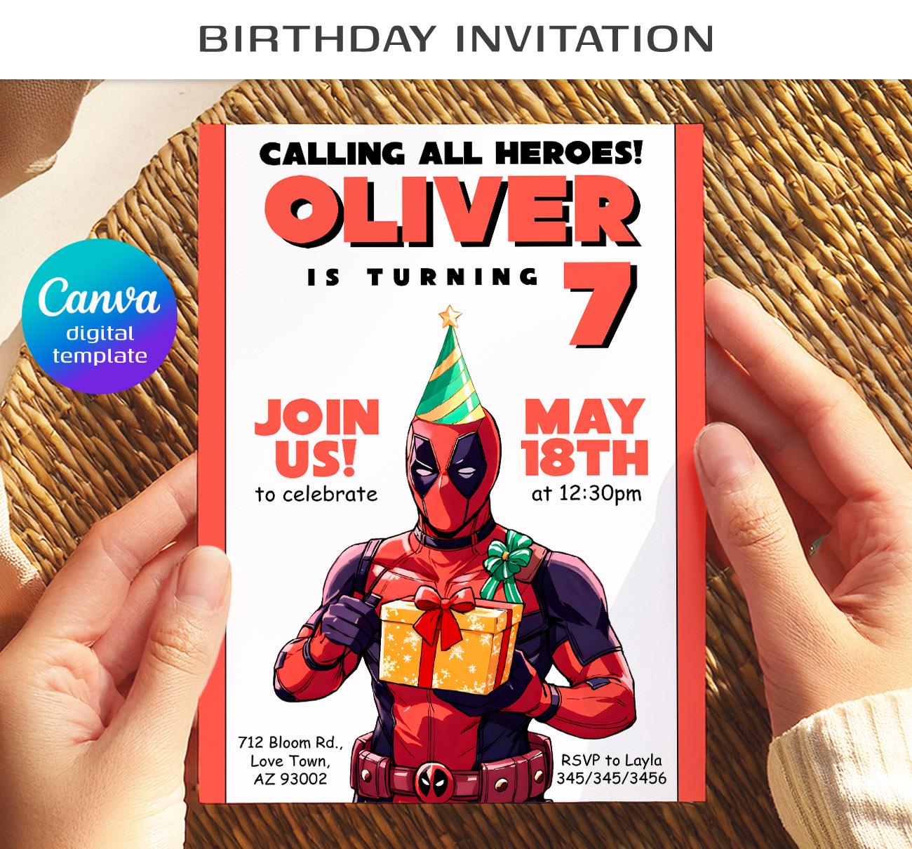 Editable Deadpool and Wolverine birthday invitation, Dead Pool superheroes party, printable invitation