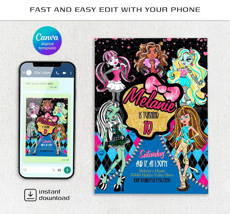 Printable Monster Girl Invite, Monster Birthday Party Invitation, Girls ...