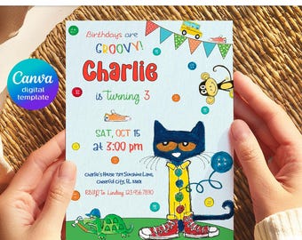 Invitación imprimible para fiesta de cumpleaños de Pete el gato, invitación editable de Pete el gato, plantilla de invitación para fiesta, cumpleaños de niño y niña