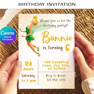 Invitación de cumpleaños de hadas Campanilla imprimible, invitación de Campanilla, invitación editable, invitación de Peter Pen, plantilla de invitación para niña