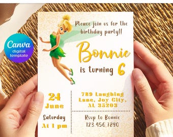 Printable Fairy Tinkerbell fairy birthday invitation, Tinker Bell invitation, editable invite, Peter Pen invite, girl invite template