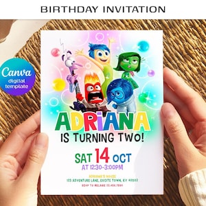 May include: A rectangular birthday invitation featuring the characters Joy, Fear, Anger, Disgust, and Sadness from Inside Out. The text reads ADRIANA IS TURNING TWO! SAT 14 OCT AT 12:30-3:00PM, ADRIANA'S HOUSE 123 ADVENTURE LANE, EXCITE TOWN, KY 40502, RSVP TO MELANIE 23.456.7890.