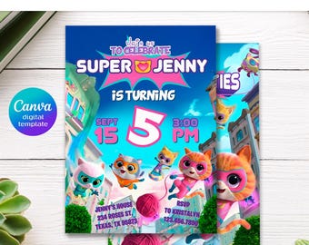 SuperKitties Einladung, druckbare bearbeitbare Super Kitties einladen, SuperKitty-Geburtstagsfeier einladen Vorlage, Kätzchen-Einladung Süß einladen