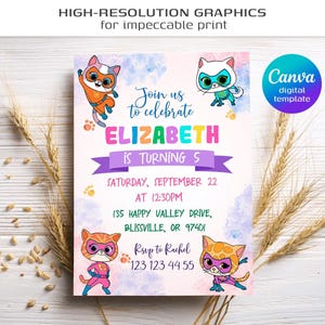 May include: A digital birthday invitation template featuring four cartoon cats dressed as superheroes. The text reads: Join us to celebrate ELIZABETH IS TURNING 5, SATURDAY, SEPTEMBER 22 AT 12:30PM, 135 HAPPY VALLEY DRIVE, BLISSVILLE, OR 97401, Rsvp to Rachel 123 123 44 55.