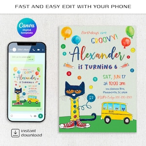 Peut inclure: Une invitation imprimable pour une f&ecirc;te d'anniversaire de 6 ans mettant en sc&egrave;ne un chat de dessin anim&eacute; portant une chemise boutonn&eacute;e et des baskets. L'invitation est dans un sch&eacute;ma de couleurs vert, jaune et bleu avec le texte "Les anniversaires sont GROOVY! Alexander a 6 ans" et les d&eacute;tails de la f&ecirc;te.