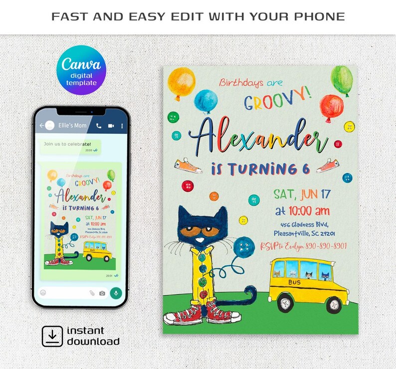 Peut inclure: Une invitation imprimable pour une f&ecirc;te d'anniversaire de 6 ans mettant en sc&egrave;ne un chat de dessin anim&eacute; portant une chemise boutonn&eacute;e et des baskets. L'invitation est dans un sch&eacute;ma de couleurs vert, jaune et bleu avec le texte "Les anniversaires sont GROOVY! Alexander a 6 ans" et les d&eacute;tails de la f&ecirc;te.