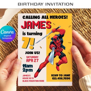 Editable Deadpool and Wolverine birthday invitation, Dead Pool superheroes party, printable invitation