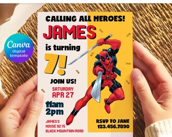 Editable Deadpool and Wolverine birthday invitation, Dead Pool superheroes party, printable invitation
