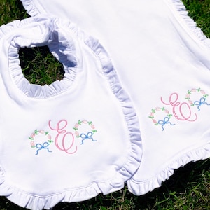 Ruffle bib and burp Set, floral bib and burp set, ruffled bib and burp set, baby girl bib and burp set, monogram newborn gift, newborn gift