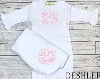 Ruffle gown, ruffle baby gown, baby girl ruffle gown, baby girl layette, baby gown, monogram ruffle gown, monogram baby girl gown