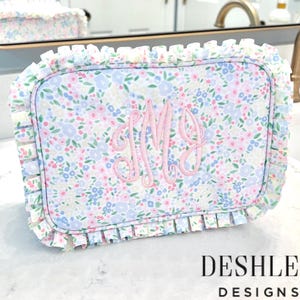 Floral Cosmetic Bag, girls grad gifts, Floral Everything Bag, Floral Pouch, Monogram Floral bag, monogram ruffle bag, new mom gift