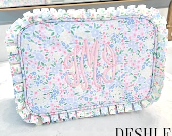 Floral Cosmetic Bag, girls grad gifts, Floral Everything Bag, Floral Pouch, Monogram Floral bag, monogram ruffle bag, new mom gift