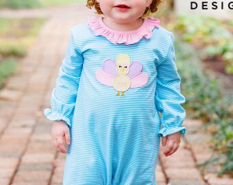 Baby Girl Turkey Romper, toddler Girl Turkey Romper, Pastel turkey romper, turkey ruffle romper, baby girl turkey outfit, monogram turkey