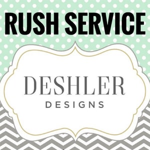 May include: Image with the text "RUSH SERVICE" in black, above a white and gold framed label with the text "DESHLER DESIGNS" in gray. The background has a mint green polka dot pattern and a gray chevron pattern.