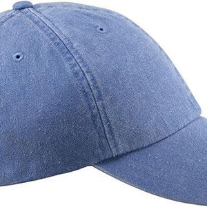 May include: A light blue denim baseball cap with a brown adjustable strap.
