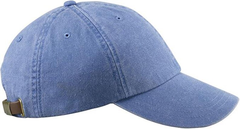 May include: A light blue denim baseball cap with a brown adjustable strap.