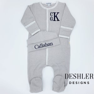 Baby Boy Coming Home Outfit, Grey Stripe footie, grey stripe sleeper, gray stripe footie, grey stripe footie, personalized baby boy sleeper