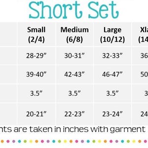 May include: A size chart for a short set, with measurements in inches. The chart includes waist, hips, inseam, and bust measurements for sizes small to XXL. The text "Short Set" is at the top.