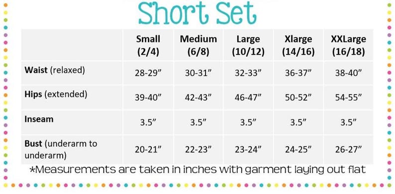 May include: A size chart for a short set, with measurements in inches. The chart includes waist, hips, inseam, and bust measurements for sizes small to XXL. The text "Short Set" is at the top.