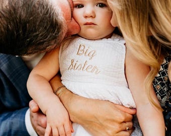 Big Sister Reveal, Big Sister Outfit, Big sister romper, big sister announcement, big sister sunsuit, big sister, seersucker big sister