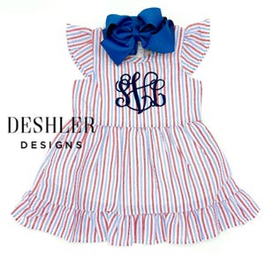 Monogram Patriotic Dress, Monogram summer dress, patriotic dress, patriotic sibling sets, matching family outfits, patriotic seersucker