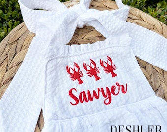 Girls Crawfish Bubble, baby girl crawfish outfit, toddler girl crawfish outfit, girls crawfish sunsuit, crawfish romper, crawfish bubble