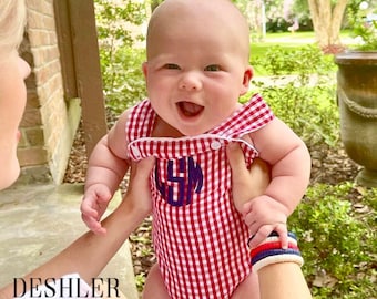 Boys Gingham bubble romper, gingham baby romper, monogram gingham sunsuit, gingham romper, boys monogram bubble, preppy baby boy gift