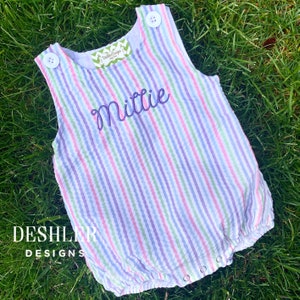 Seersucker Bubble, Seersucker Romper, Monogram Bubble, Monogram Romper, multicolor seersucker bubble, girls bubble, baby girl bubble, romper