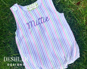 Seersucker Bubble, Seersucker Romper, Monogram Bubble, Monogram Romper, multicolor seersucker bubble, girls bubble, baby girl bubble, romper