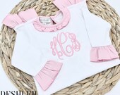 Magnolia Baby Ruffle Romper, Pink and White ruffle romper, pink ruffle romper, monogram ruffle romper, monogrammed ruffle romper, baby girl