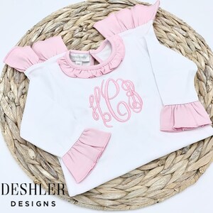 Magnolia Baby Ruffle Romper, Pink and White ruffle romper, pink ruffle romper, monogram ruffle romper, monogrammed ruffle romper, baby girl