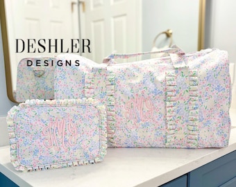 Floral Duffle Bag, Floral Duffel Bag, Ruffle Floral Bag, Floral Ruffle bag, monogram floral bag, Monogram Ruffle Duffle, Monogram Duffle