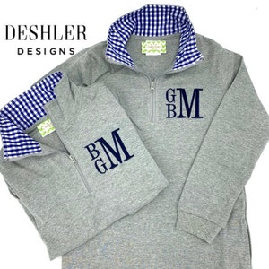 Monogram Kids Pullover, monogram girls pullover, monogram boys pullover, pullover with gingham trim, gingham trim pullover, baby pullover