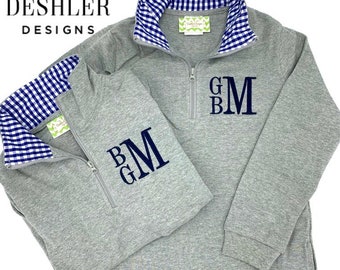 Monogram Kids Pullover, monogram girls pullover, monogram boys pullover, pullover with gingham trim, gingham trim pullover, baby pullover