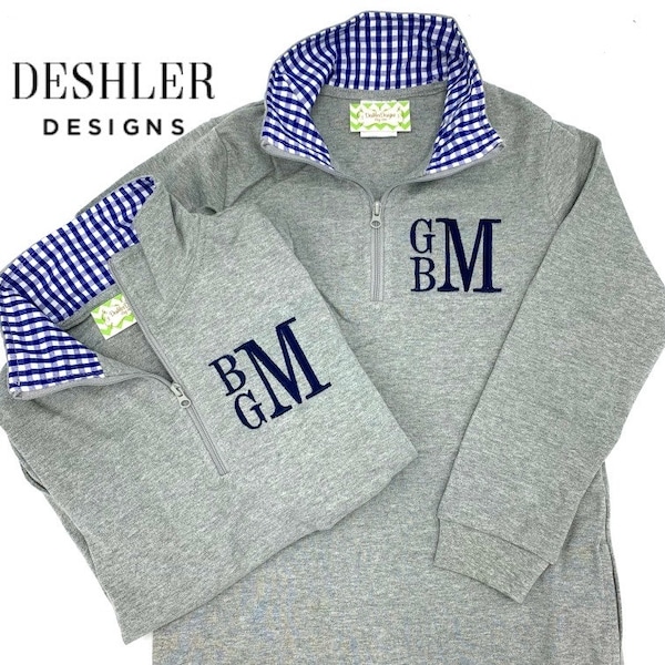 Monogram Kids Pullover, monogram girls pullover, monogram boys pullover, pullover with gingham trim, gingham trim pullover, baby pullover