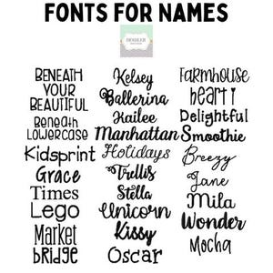 May include: Image showcasing a variety of font styles for names. The text "FONTS FOR NAMES" is at the top. Several font examples are displayed, including "Beneath," "Kelsey," "Farmhouse," and others, all in black against a white background.