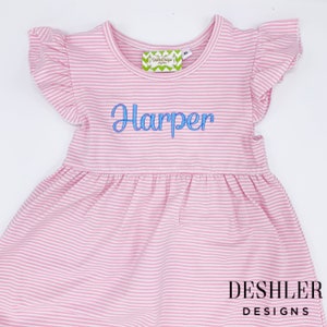 Pink Monogram Dress, Pink ruffle dress, monogram ruffle dress, pink stripe dress, flutter sleeve dress, monogram girls dress, big sister