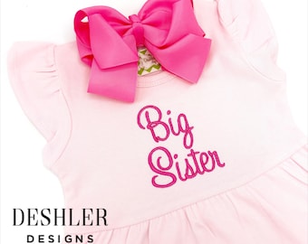 Pink Big Sister Dress, Big Sister Dress, Big Sis Dress, Embroidered big sister dress, monogram big sister dress, big sister reveal, big sis
