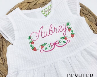 Seersucker Dress with Strawberry design, Seersucker Dress, Monogrammed Seersucker Dress, Strawberry monogram dress