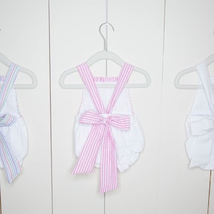 Seersucker Romper, seersucker bubble, ruffle romper, ruffle bubble, monogram seersucker romper, monogram seersucker bubble, bow back bubble image 5