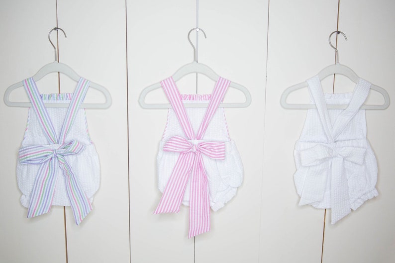 Seersucker Romper, seersucker bubble, ruffle romper, ruffle bubble, monogram seersucker romper, monogram seersucker bubble, bow back bubble image 5