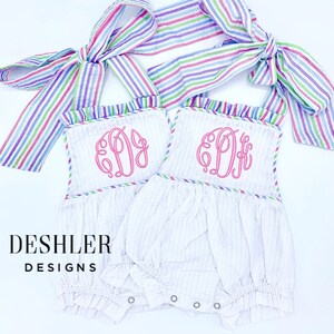 Seersucker Romper, seersucker bubble, ruffle romper, ruffle bubble, monogram seersucker romper, monogram seersucker bubble, bow back bubble image 8