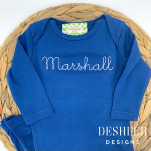 Navy Baby Gown, Baby Gown with name, baby boy gown, baby boy going home outfit, baby boy gown and hat, baby gown personalized, gown and hat