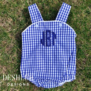 Boys Gingham Sunsuit, monogram sunsuit, gingham sunsuit, monogram gingham sunsuit, gingham romper, boys monogram sunsuit, preppy baby boy