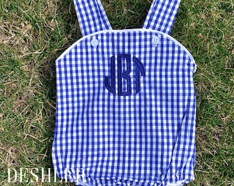 Boys Gingham Sunsuit, monogram sunsuit, gingham sunsuit, monogram gingham sunsuit, gingham romper, boys monogram sunsuit, preppy baby boy