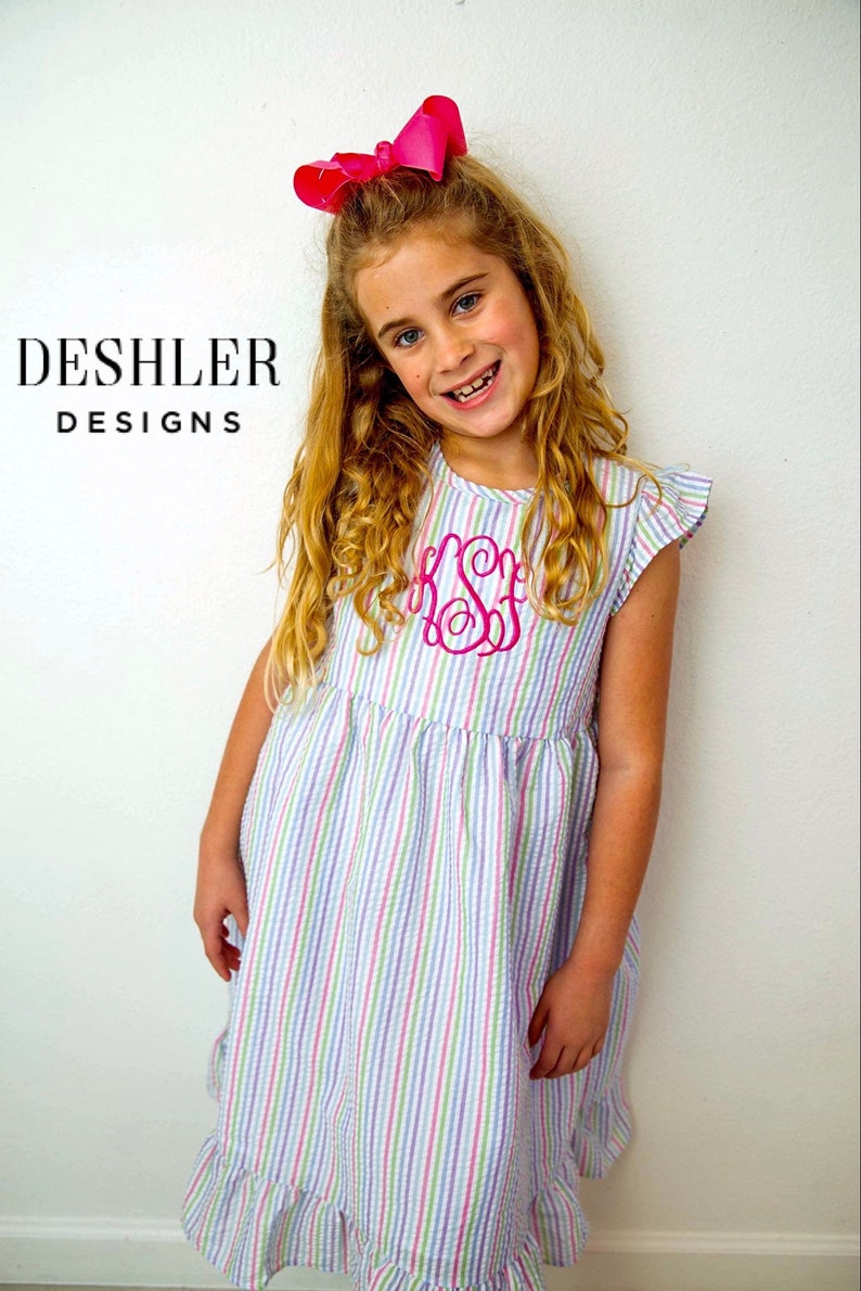 Monogram Seersucker Dress, Seersucker Dress, Monogrammed Seersucker Dress, Monogrammed dress, monogram dress, deshler Designs, summer dress image 3