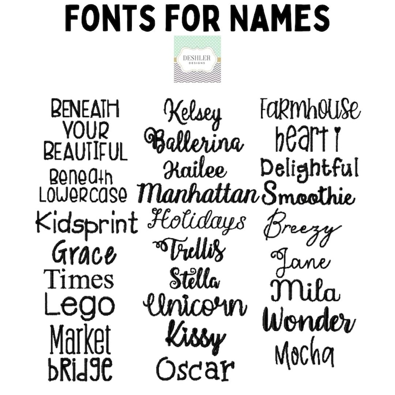 May include: A black and white image displaying various font styles for names. The text "FONTS FOR NAMES" is at the top. Several font examples are shown, including "Kelsey," "Ballerina," and "Farmhouse."