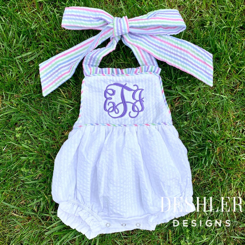 Seersucker Romper, seersucker bubble, ruffle romper, ruffle bubble, monogram seersucker romper, monogram seersucker bubble, bow back bubble image 3