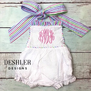 Seersucker Romper, seersucker bubble, ruffle romper, ruffle bubble, monogram seersucker romper, monogram seersucker bubble, bow back bubble image 6